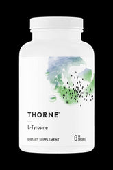 Thorne L-Tyrosine dietary supplement bottle containing 90 capsules for mental and hormonal support.